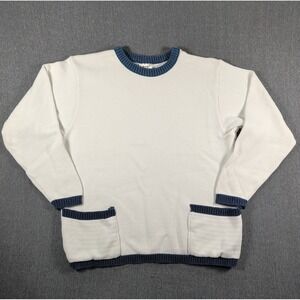 90s Cottagecore Boxy Knit Sweater White Pockets Cotton Made in USA Navy Trim‎
